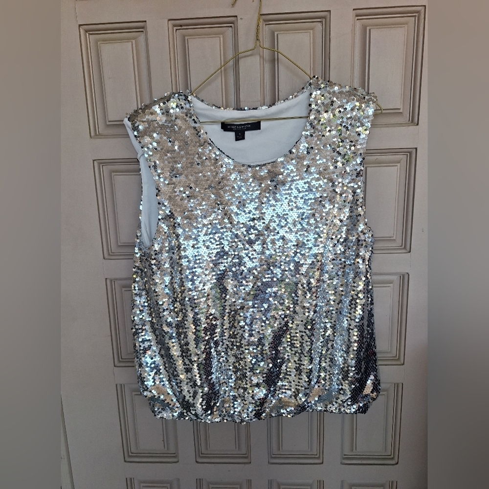 Marc New York Retro Sequin Vest SzS Silver Elastic Waist Sleeveless Pullover
